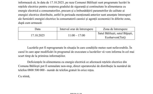 Se oprește curentul în comuna Bălilești!