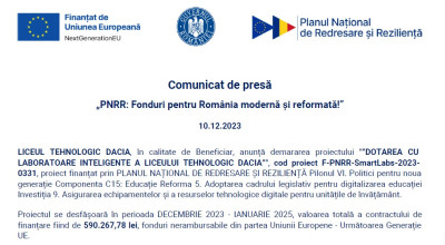 Comunicat de presă. Începere proiect LICEUL TEHNOLOGIC DACIA Pitești