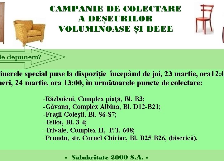 Săptămâna aceasta are loc campania de colectare GRATUITĂ a deșeurilor voluminoase și DEEE