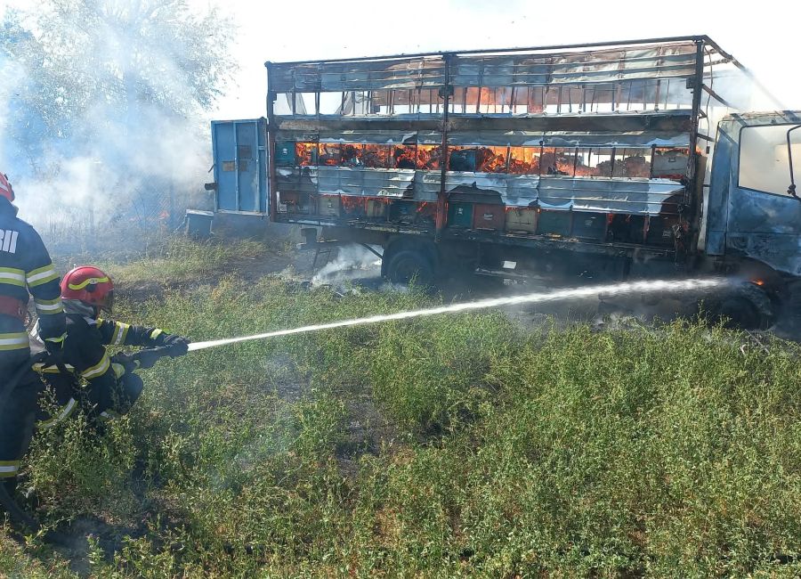 ACUM! Incendiu puternic în Argeș! Un camion cu stupi a luat FOC