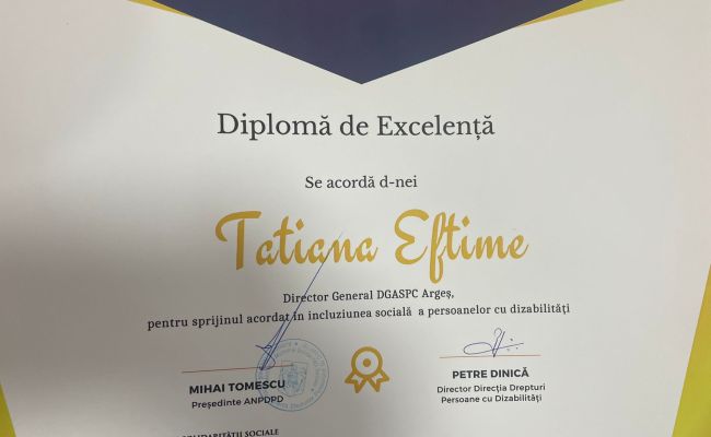 Șefa DGASPC Argeș PREMIATĂ de președintele Autorității Naționale pentru Protecția Drepturilor Persoanelor cu Dizabilități