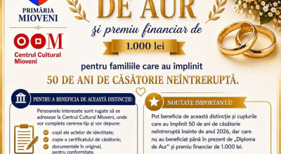 Cuplurile din Mioveni care au împlinit 50 de ani de căsătorie vor primi "Diploma de Aur"
