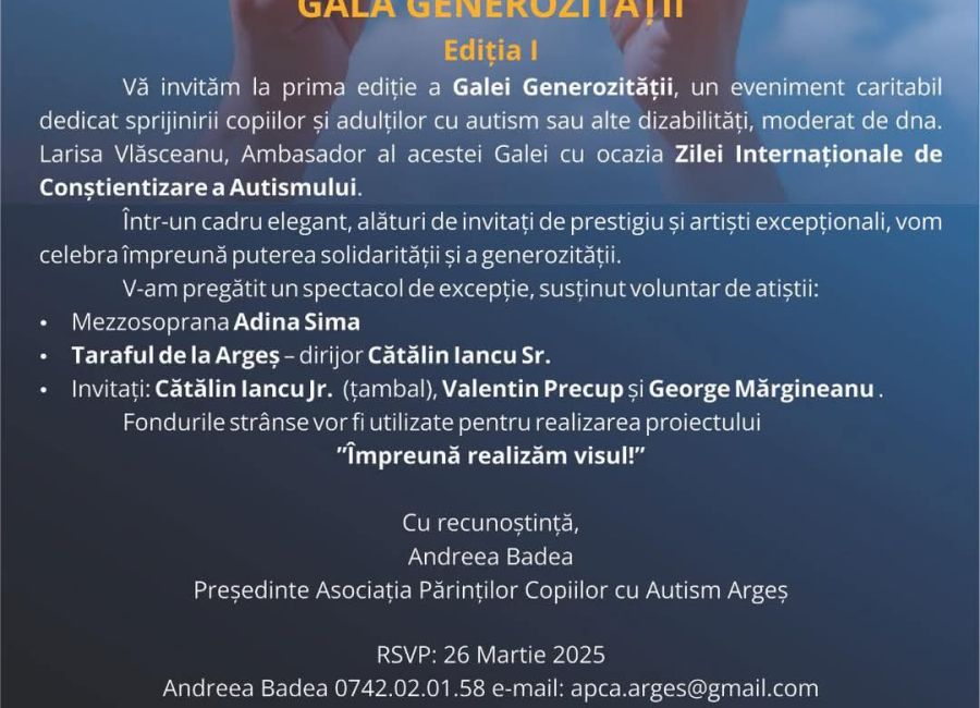 "Gala Generozității", eveniment caritabil în Argeș!