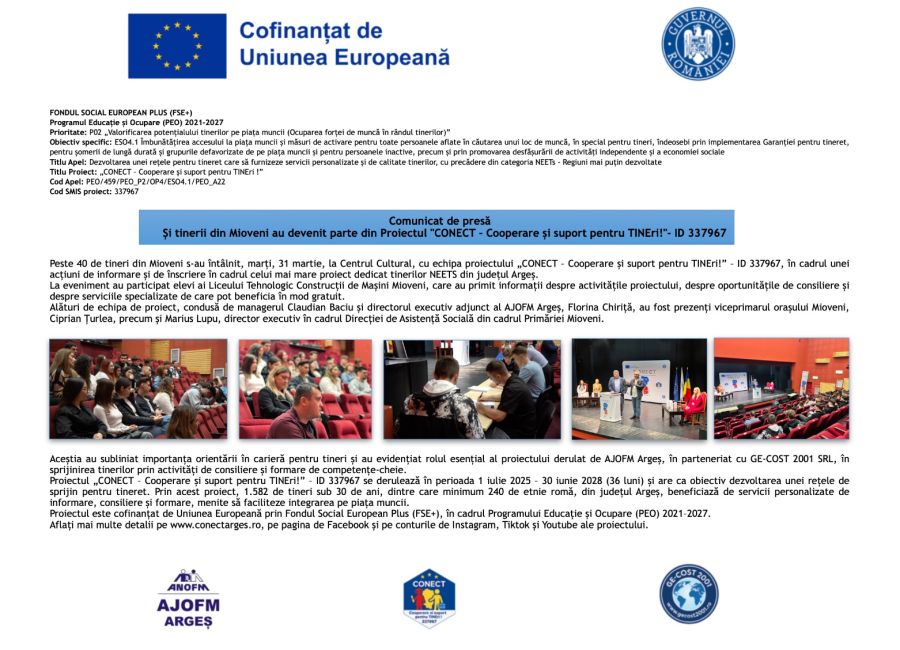 Și tinerii din Mioveni au devenit parte din Proiectul "CONECT - Cooperare și suport pentru TINEri!"- ID 337967