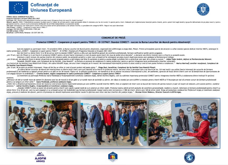 Proiectul CONECT - Cooperare și suport pentru TINEri! - ID 337967: Standul CONECT - succes la Bursa Locurilor de Muncă pentru Absolvenți!