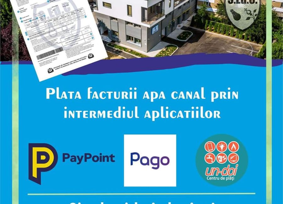 Plata facturii apă canal prin intermediul aplicațiilor PayPoint, Un-Doi și Pago
