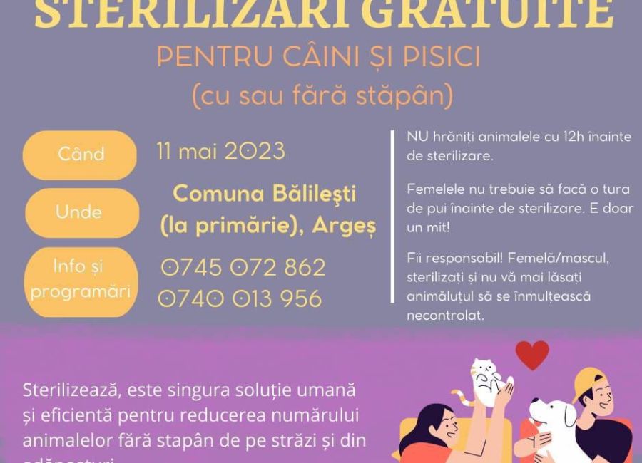 În comuna Bălileşti, campanie GRATUITĂ de sterilizare a câinilor şi pisicilor