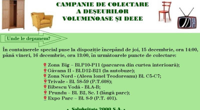 Astăzi, Salubritate 2000 SA  dă startul colectării deșeurilor voluminoase și DEEE!