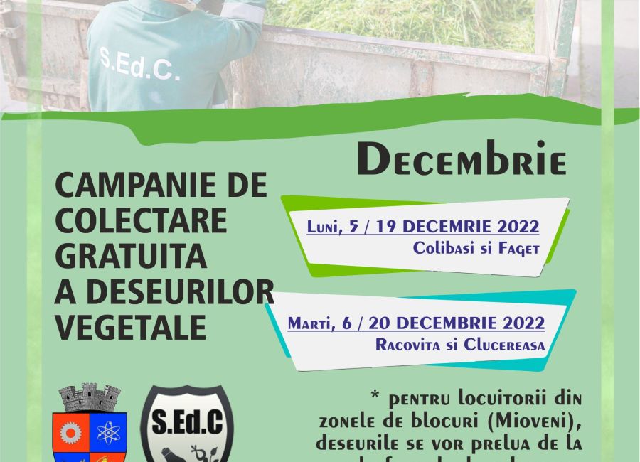 Programul de colectare a deșeurilor vegetale pentru luna DECEMBRIE