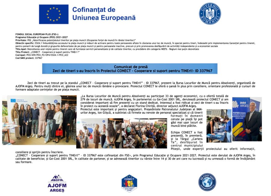 Zeci de tineri s-au înscris în Proiectul CONECT - Cooperare și suport pentru TINEri!- ID 337967