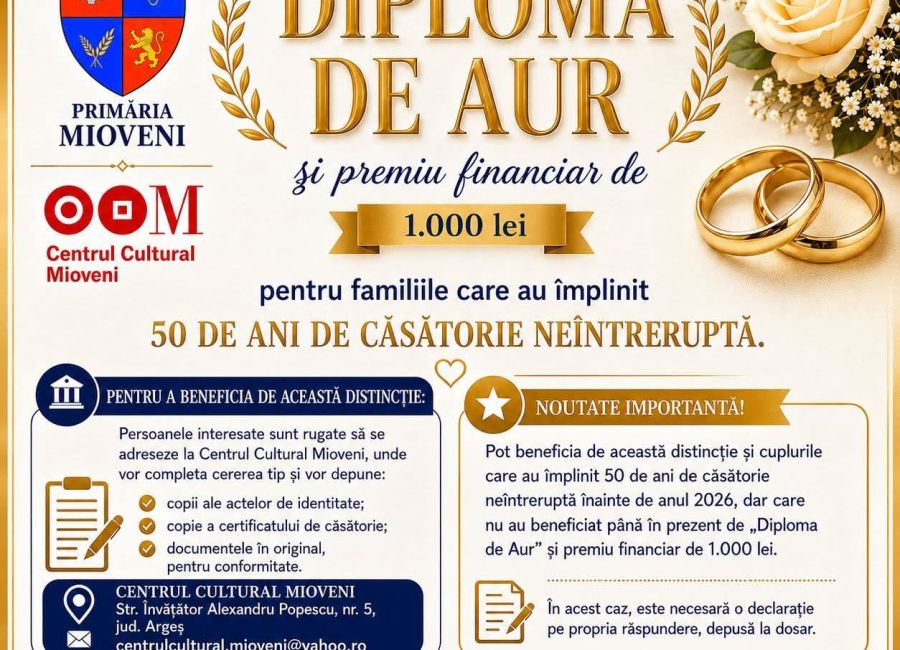 Cuplurile din Mioveni care au împlinit 50 de ani de căsătorie vor primi "Diploma de Aur"